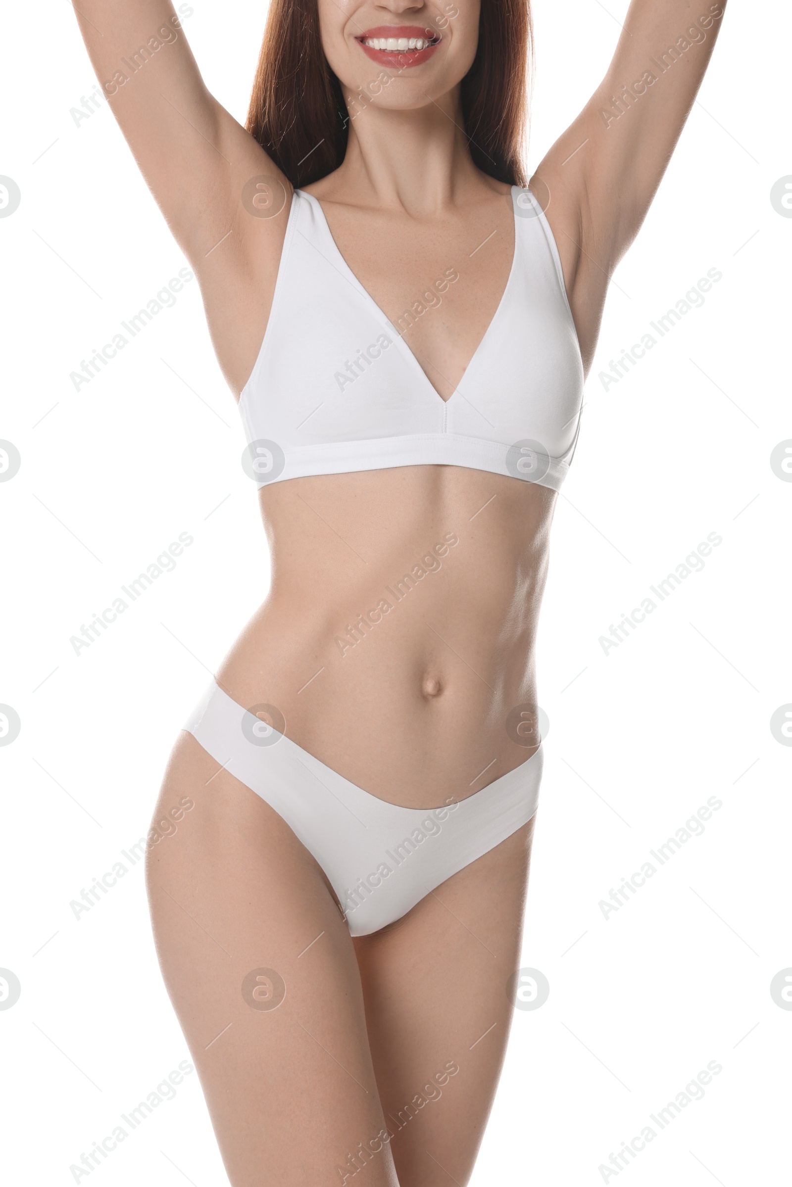Photo of Woman with slim body on white background, closeup