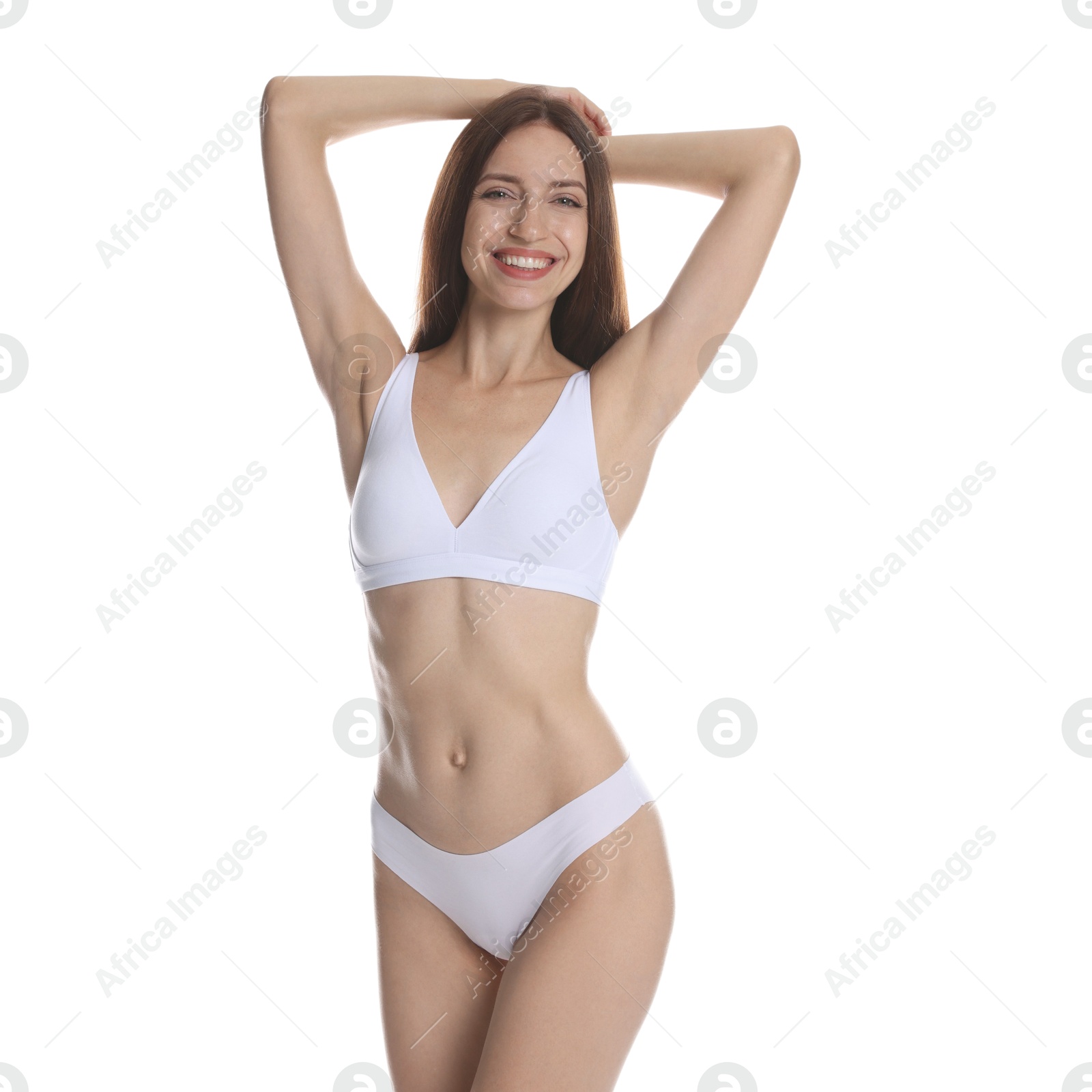 Photo of Woman with slim body on white background