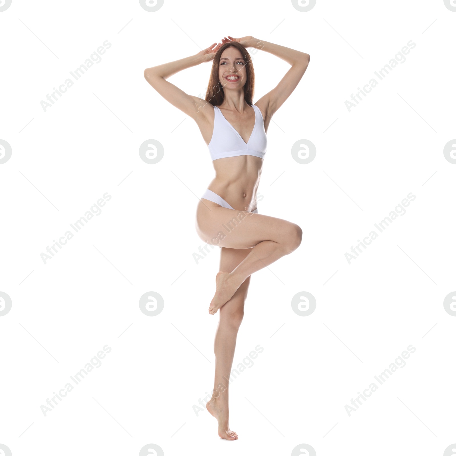 Photo of Woman with slim body on white background