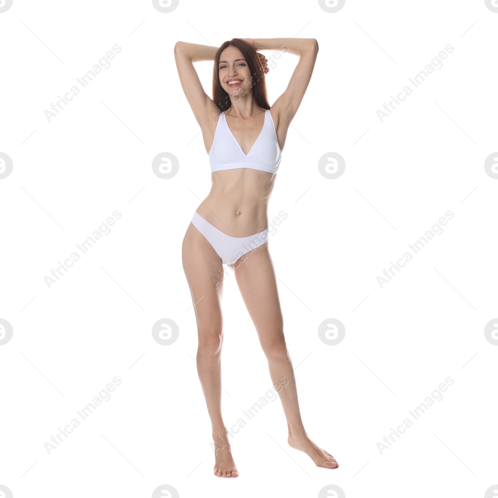 Photo of Woman with slim body on white background