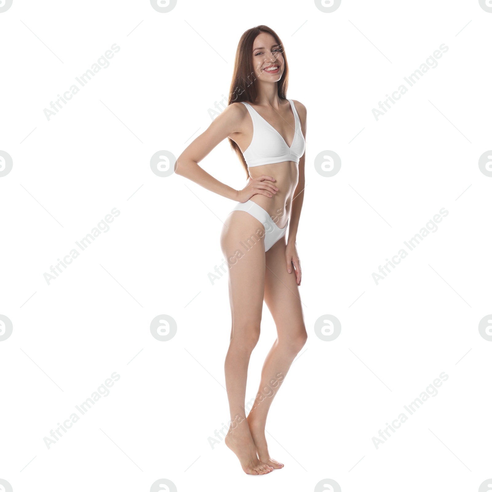 Photo of Woman with slim body on white background