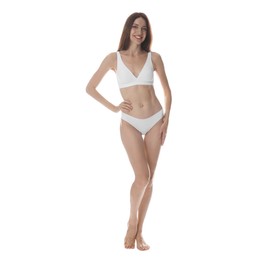 Photo of Woman with slim body on white background