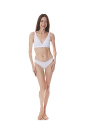Photo of Woman with slim body on white background