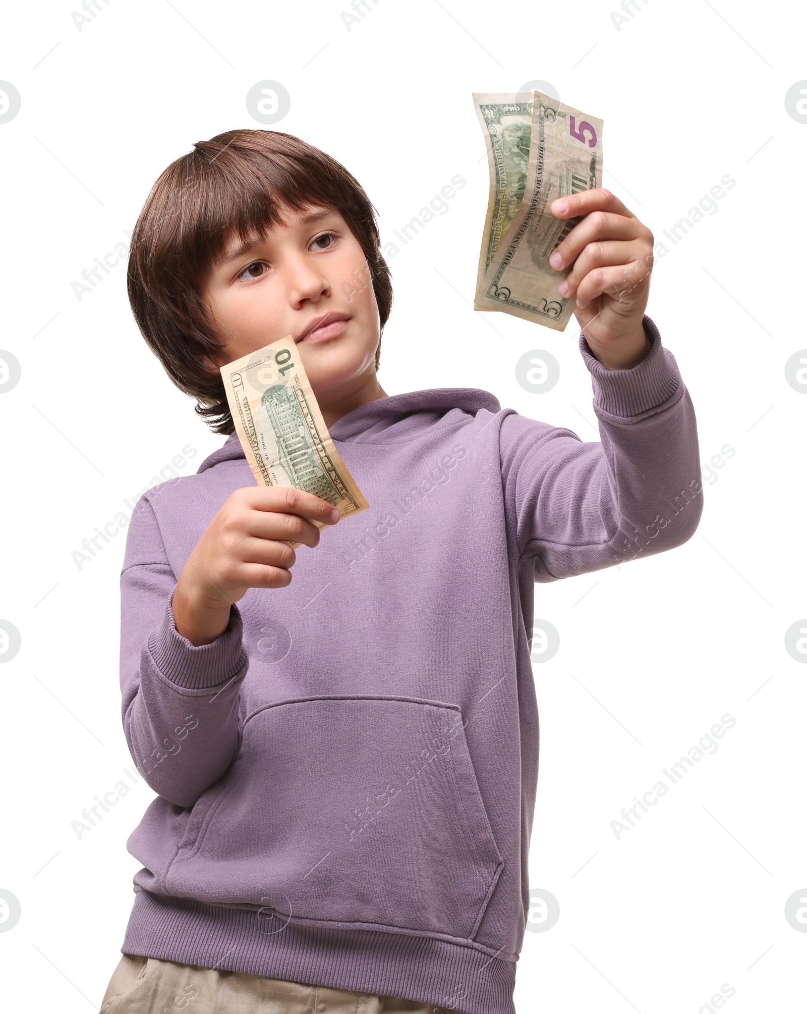 Photo of Boy with pocket money on white background