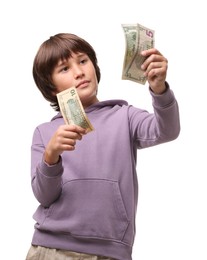 Photo of Boy with pocket money on white background