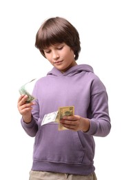 Photo of Boy with pocket money on white background