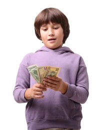 Photo of Boy with pocket money on white background