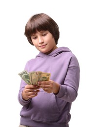Photo of Boy with pocket money on white background