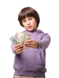 Photo of Boy with pocket money on white background
