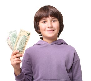 Photo of Boy with pocket money on white background