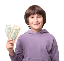 Photo of Boy with pocket money on white background
