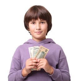 Photo of Boy with pocket money on white background