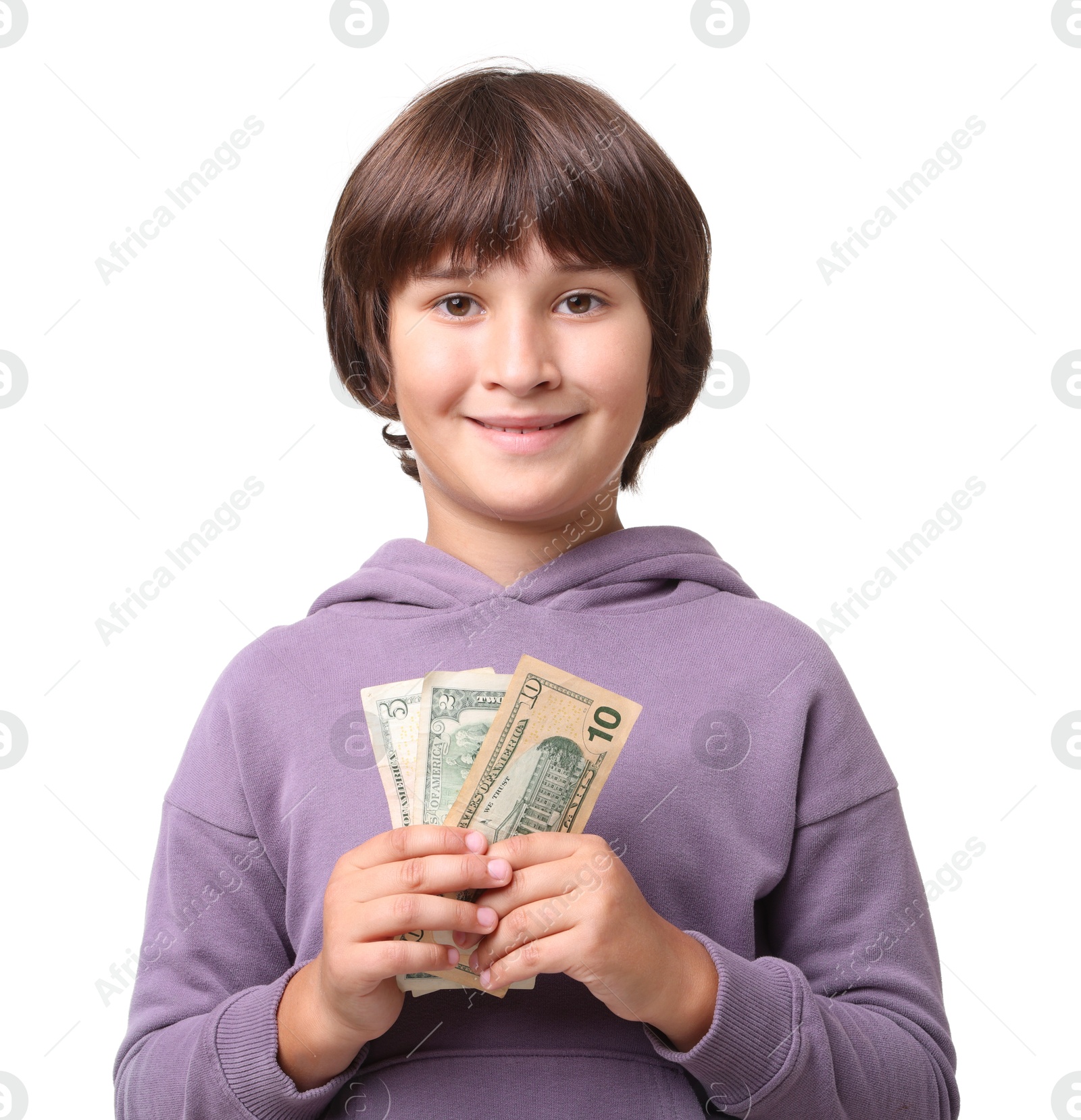 Photo of Boy with pocket money on white background