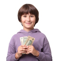 Photo of Boy with pocket money on white background