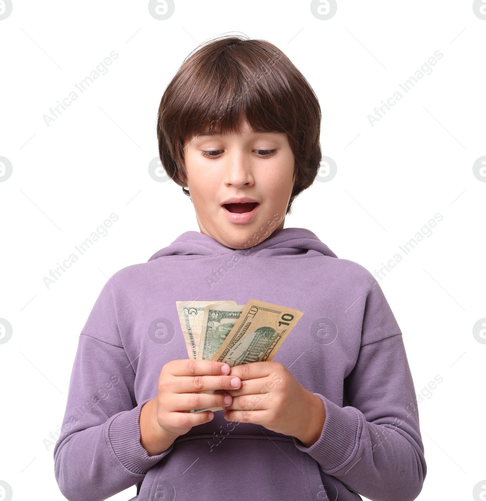 Photo of Boy with pocket money on white background
