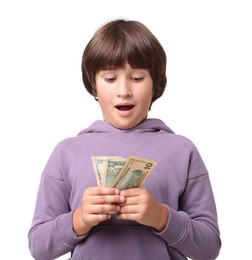 Photo of Boy with pocket money on white background