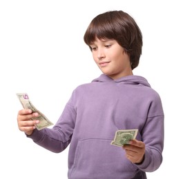 Photo of Boy with pocket money on white background