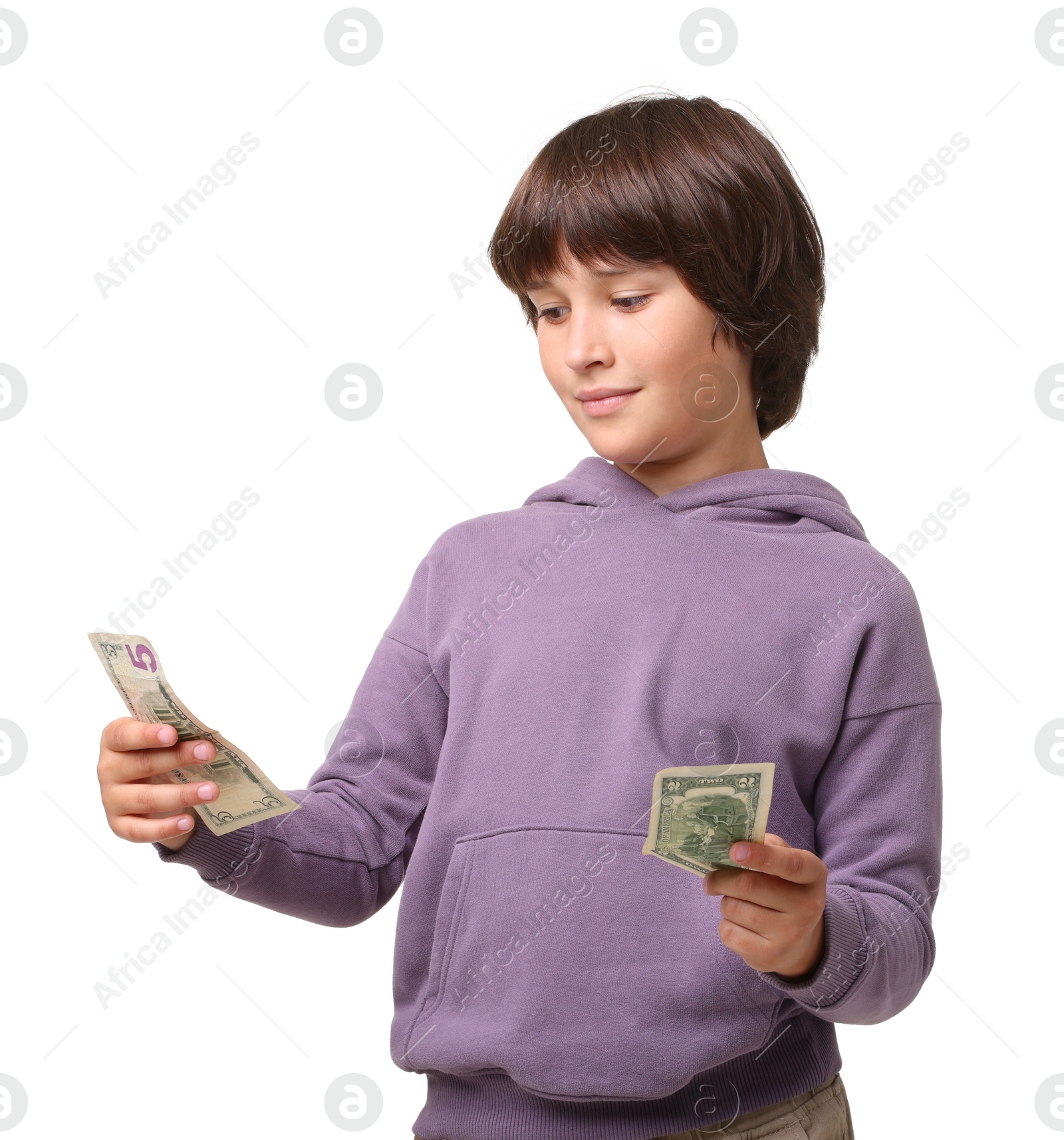 Photo of Boy with pocket money on white background