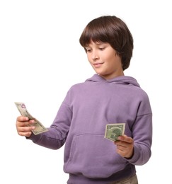 Photo of Boy with pocket money on white background