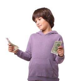 Photo of Boy with pocket money on white background