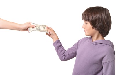 Photo of Mom giving her son pocket money on white background, closeup