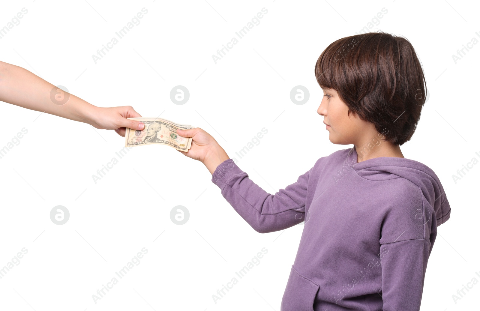 Photo of Mom giving her son pocket money on white background, closeup
