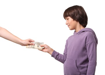 Photo of Mom giving her son pocket money on white background, closeup