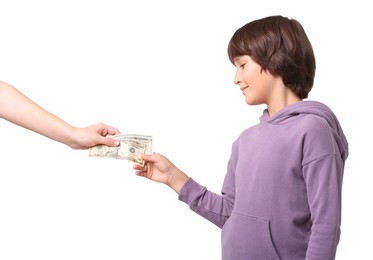 Photo of Mom giving her son pocket money on white background, closeup