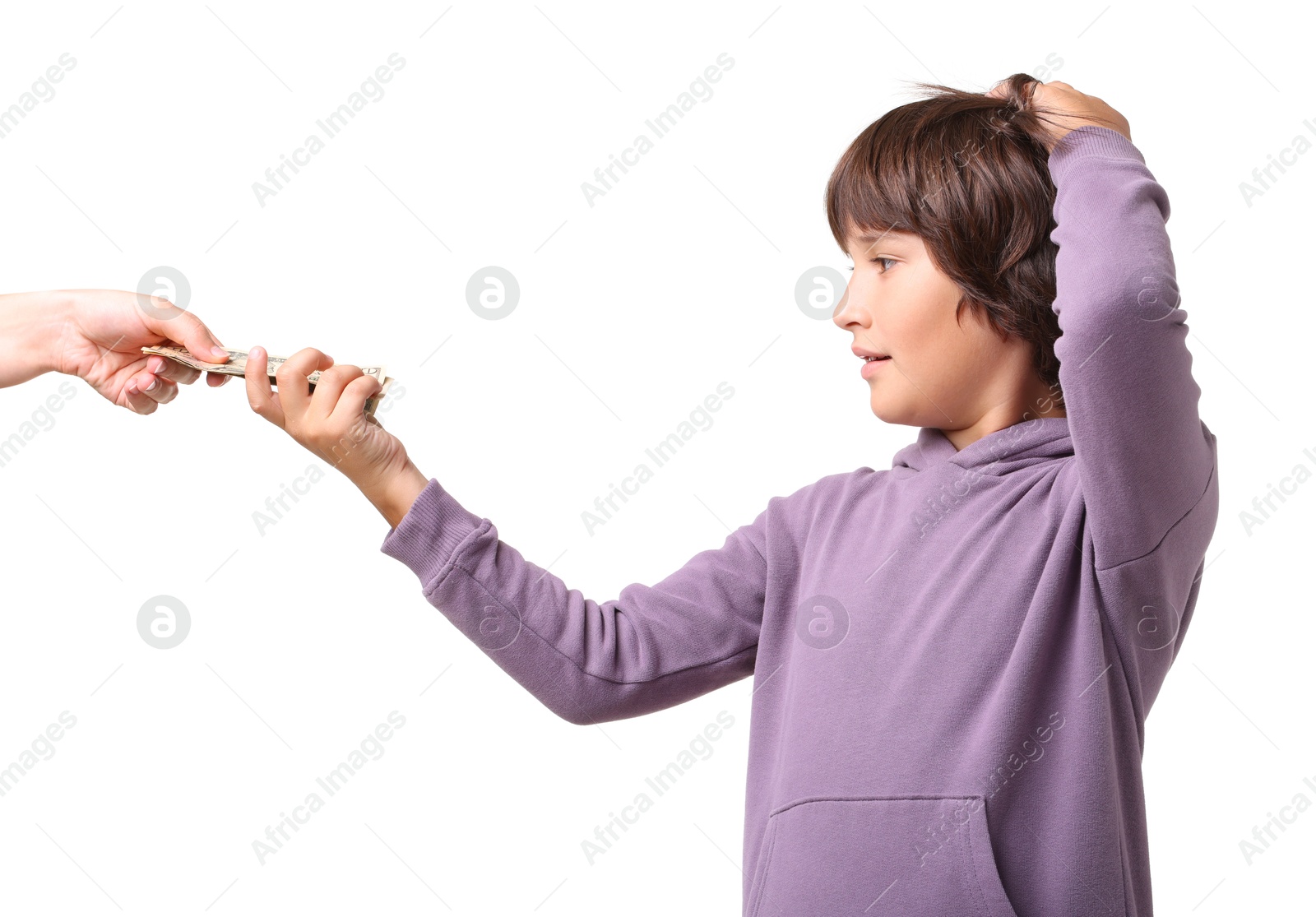 Photo of Mom giving her son pocket money on white background, closeup