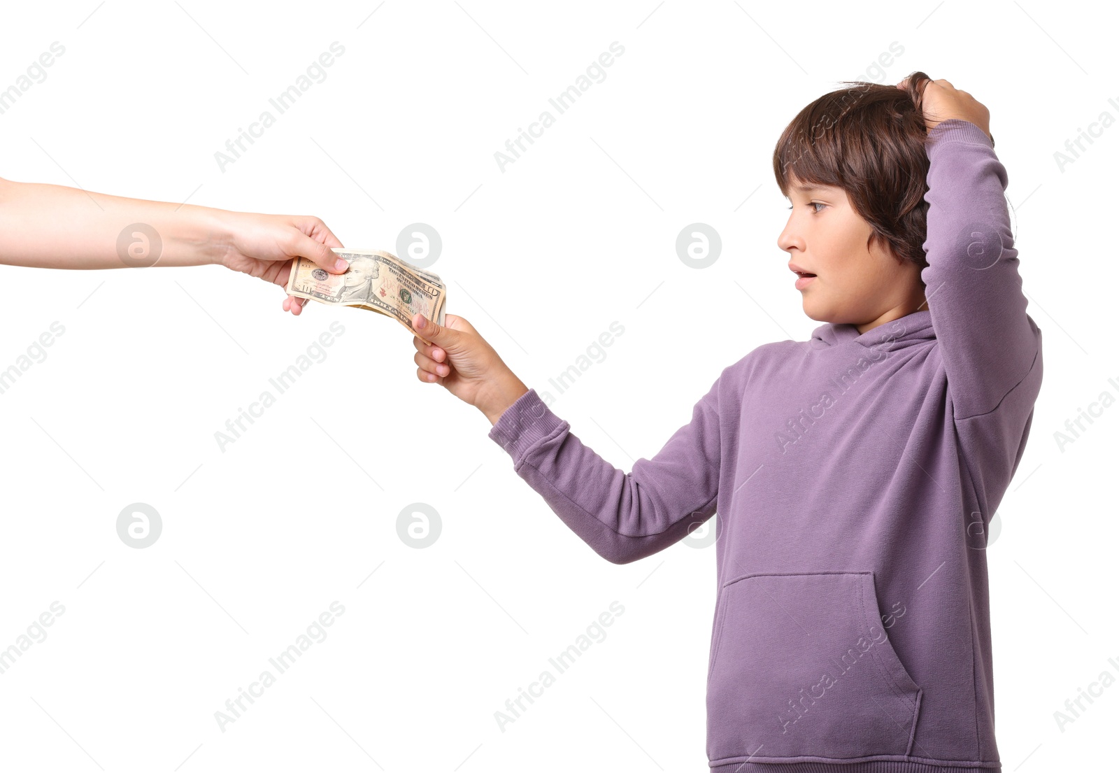 Photo of Mom giving her son pocket money on white background, closeup