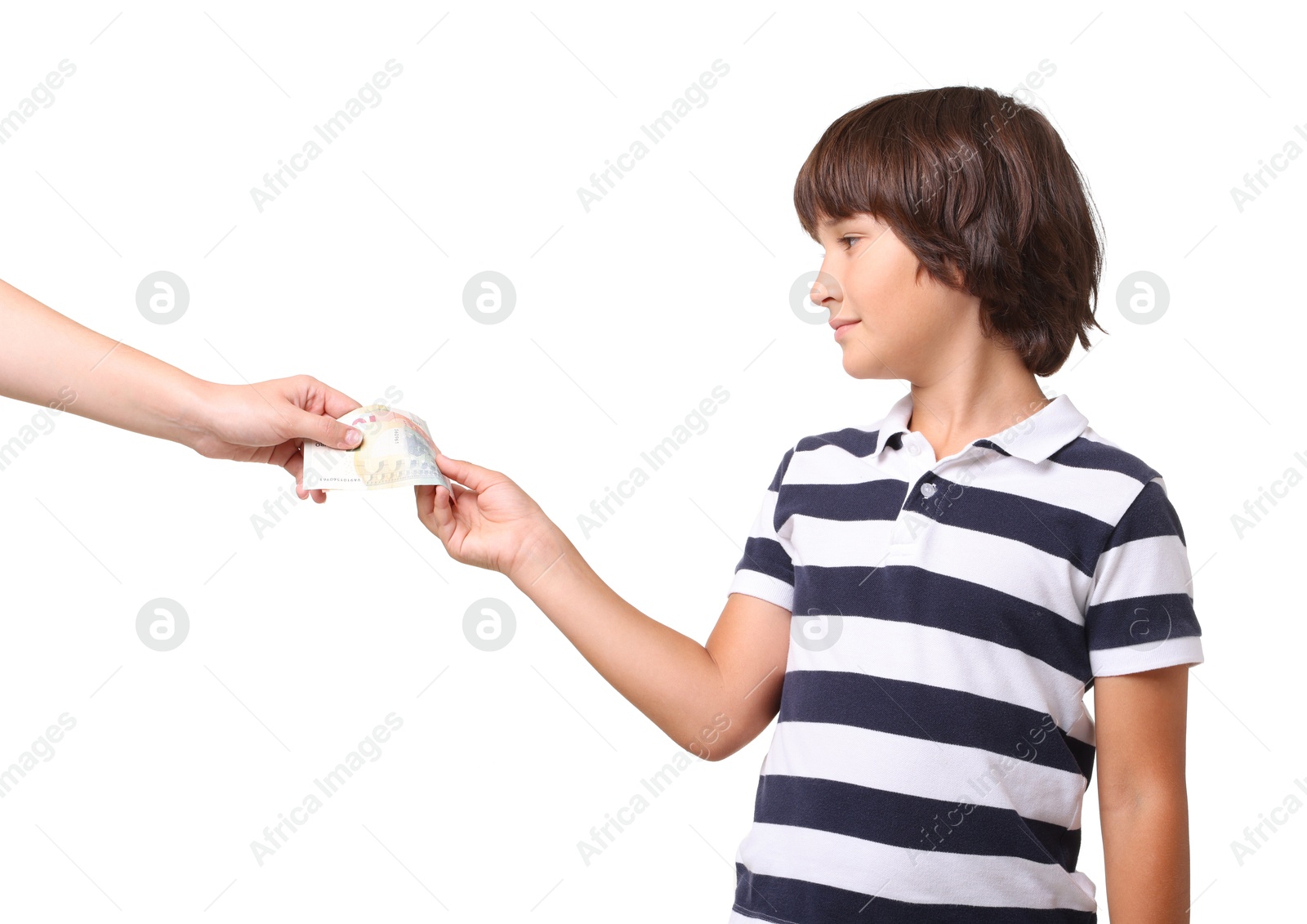 Photo of Mom giving her son pocket money on white background, closeup