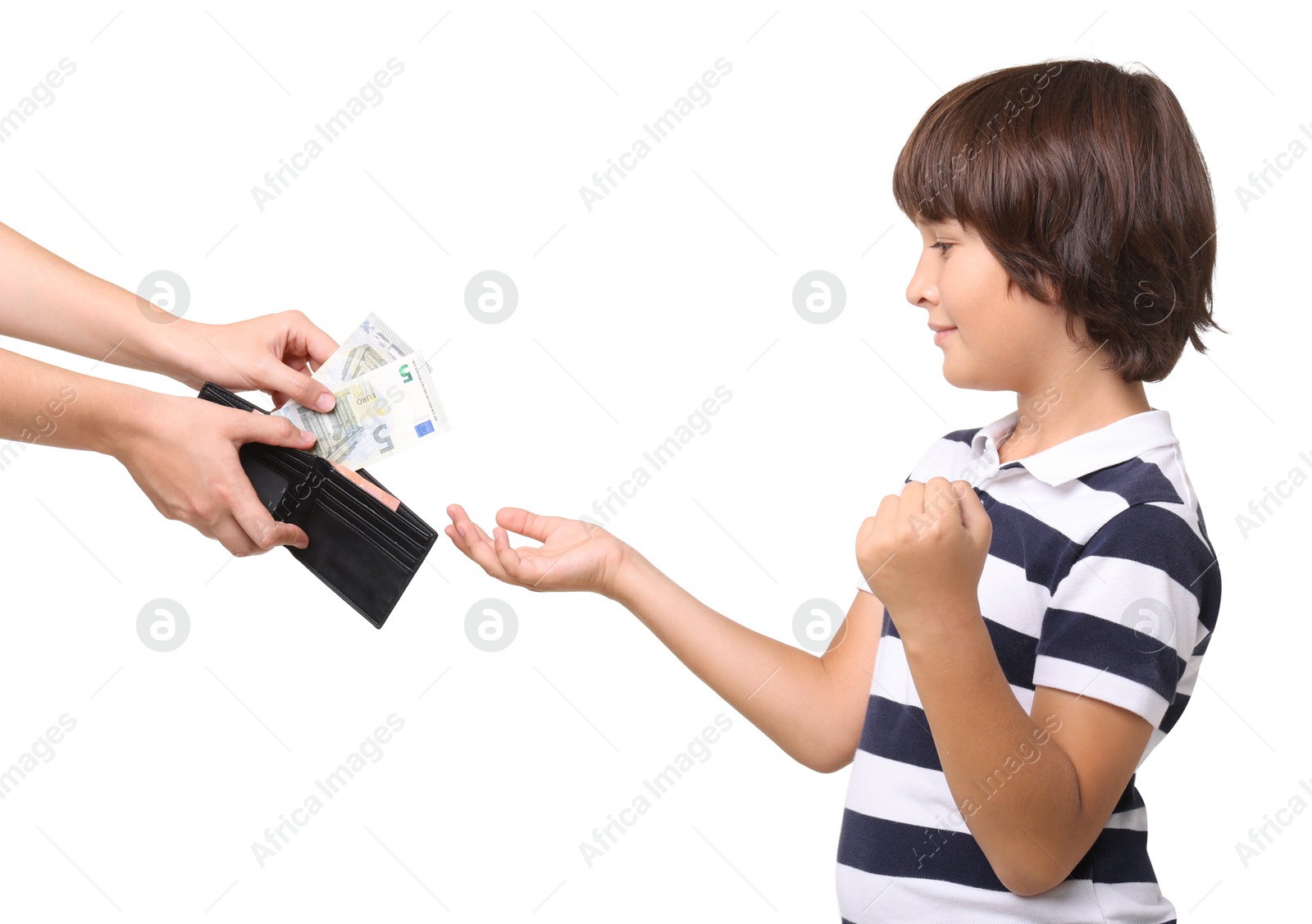 Photo of Mom giving her son pocket money on white background, closeup