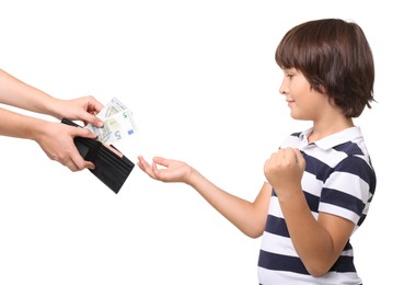 Photo of Mom giving her son pocket money on white background, closeup