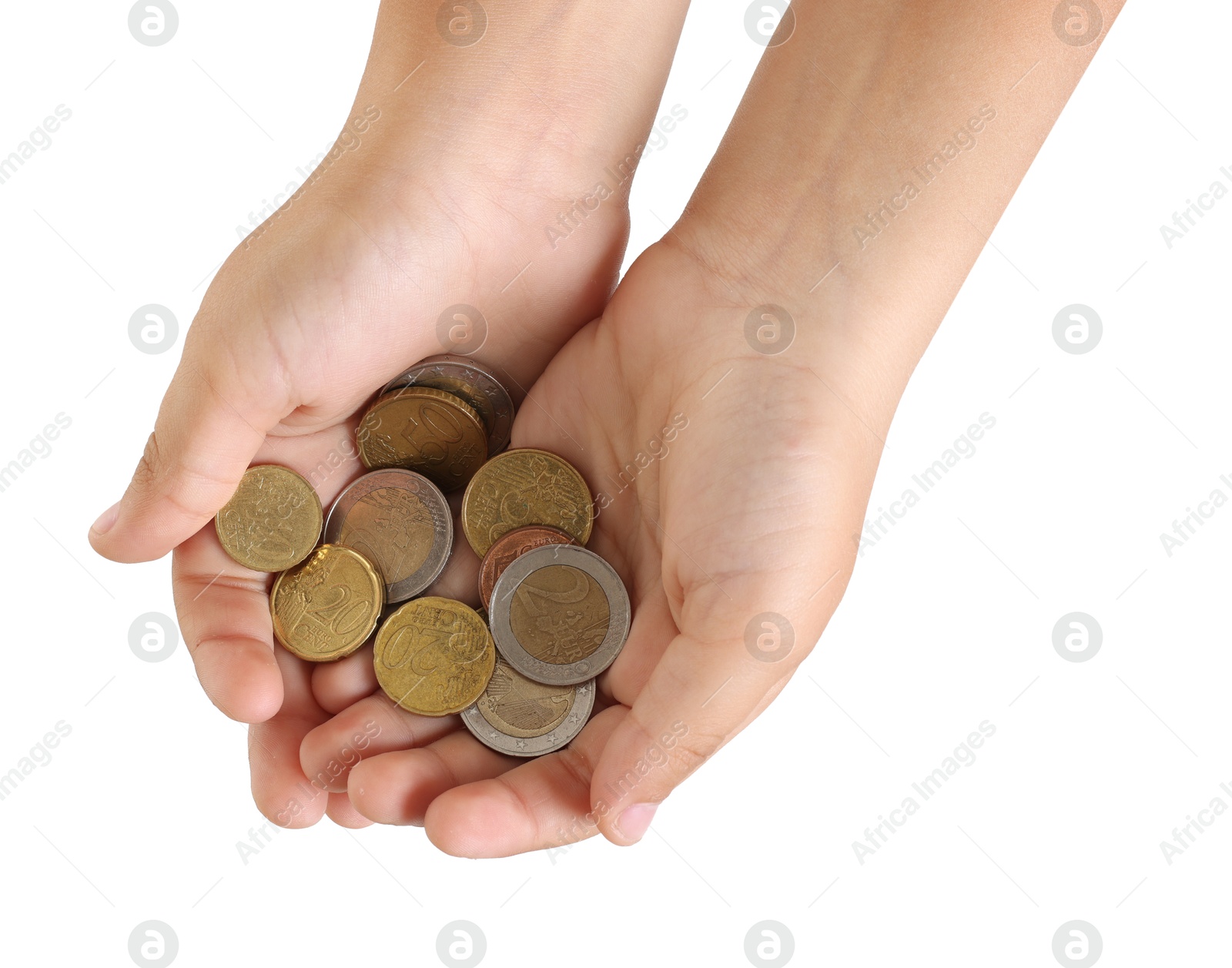 Photo of Boy with pocket money on white background, top view