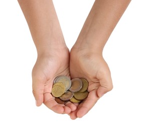 Photo of Boy with pocket money on white background, top view