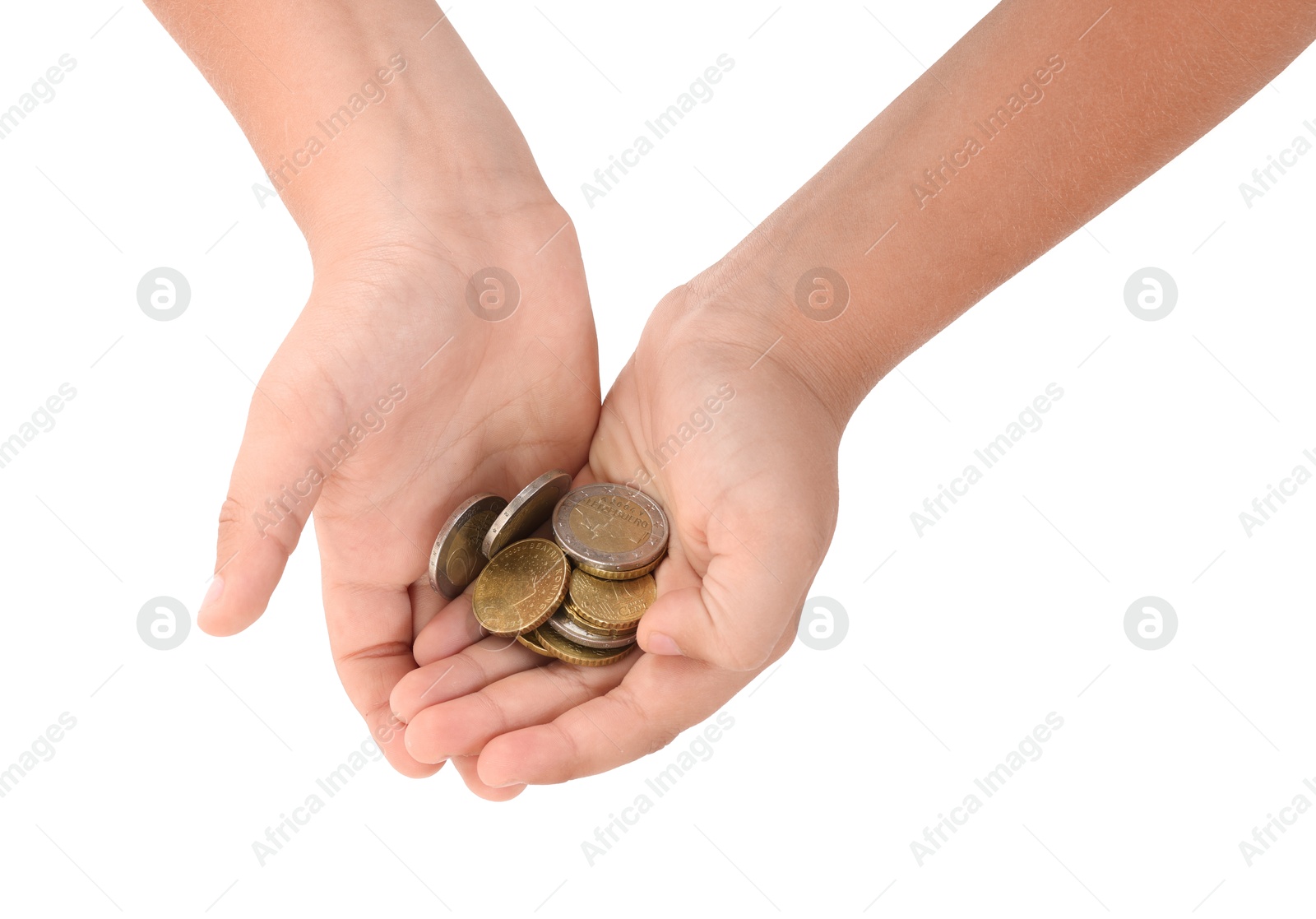 Photo of Boy with pocket money on white background, top view