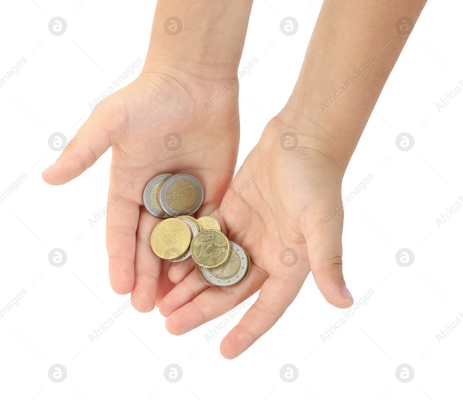 Photo of Boy with pocket money on white background, top view