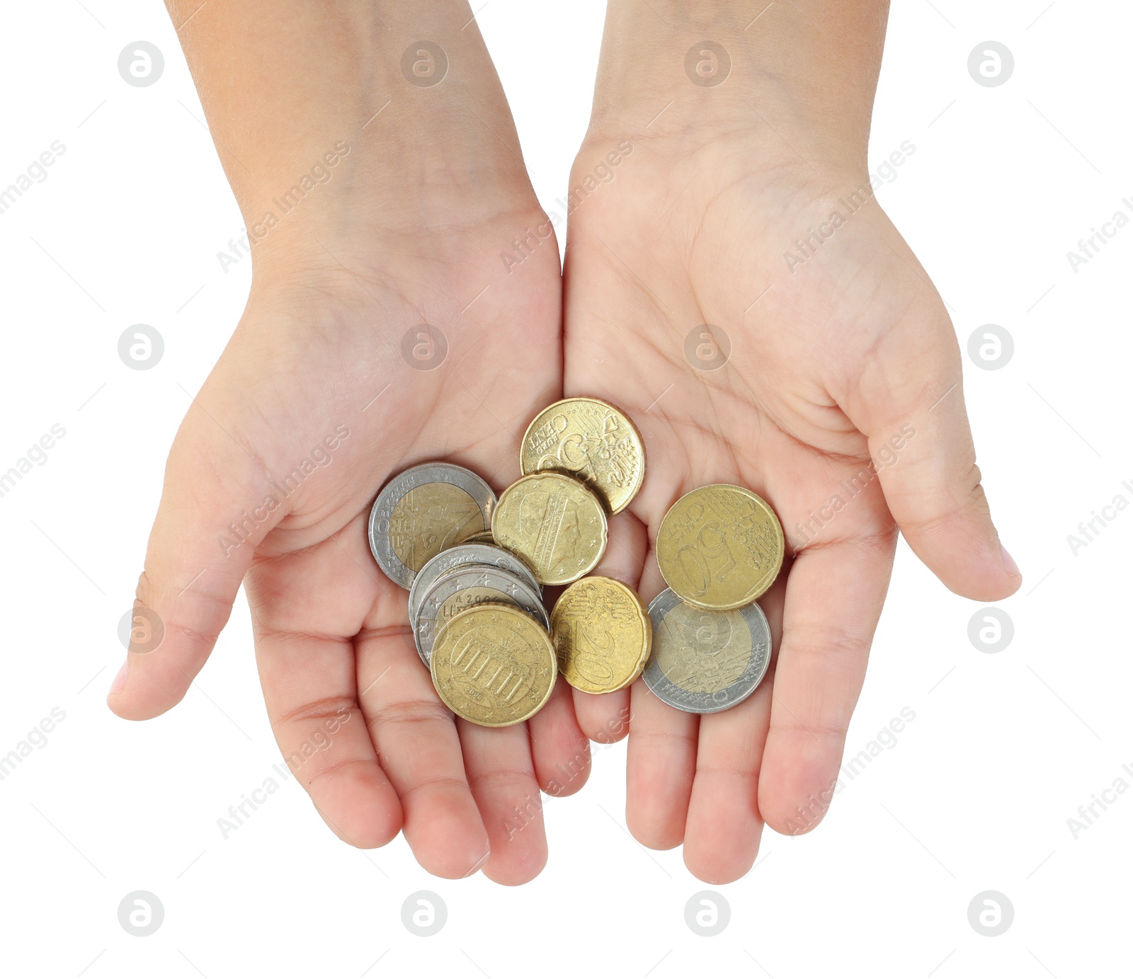 Photo of Boy with pocket money on white background, top view