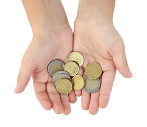 Photo of Boy with pocket money on white background, top view
