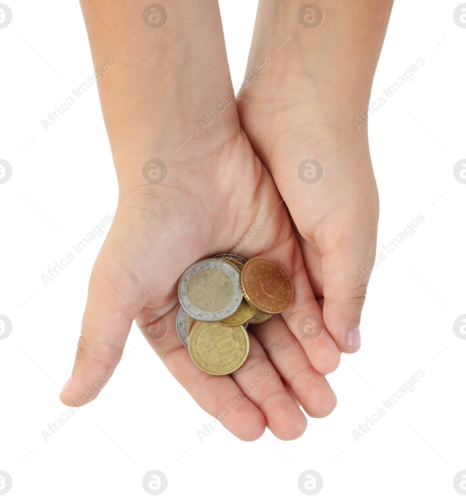 Photo of Boy with pocket money on white background, top view