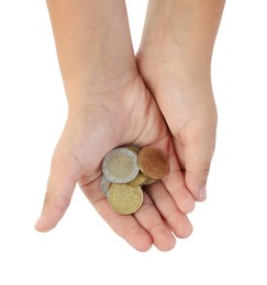 Photo of Boy with pocket money on white background, top view