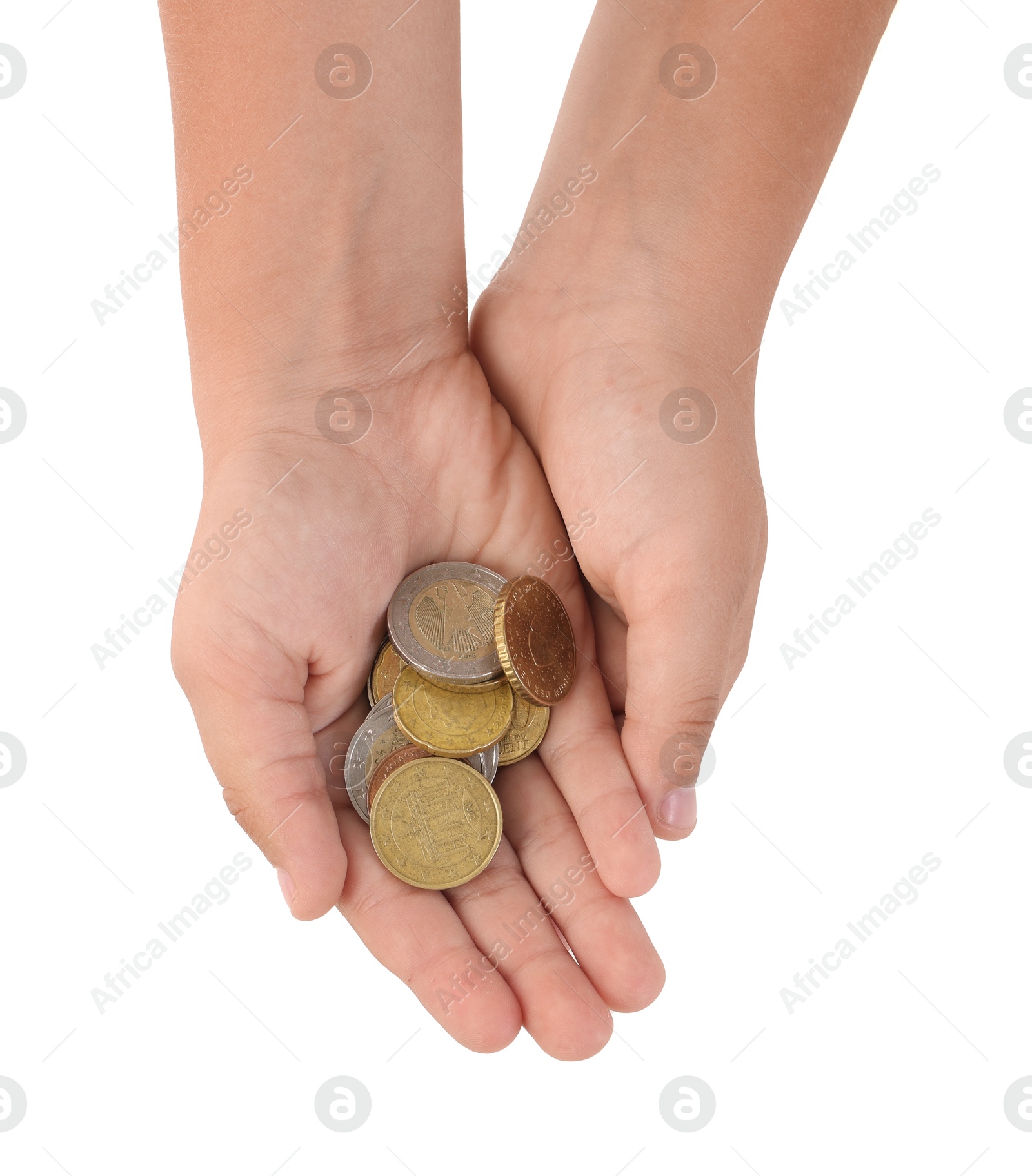 Photo of Boy with pocket money on white background, top view