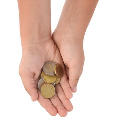 Photo of Boy with pocket money on white background, top view