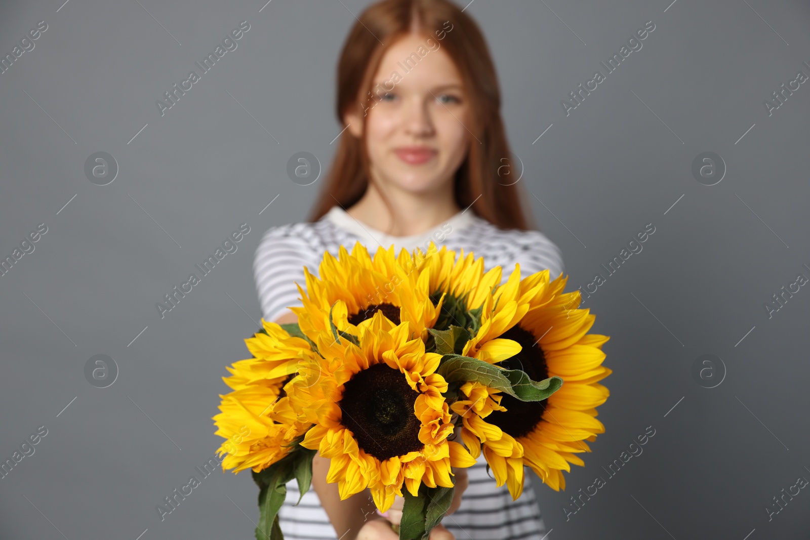 Photo of Teenage girl with bouquet of beautiful sunflowers on grey background, selective focus
