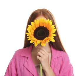 Photo of Teenage girl with beautiful sunflower on white background