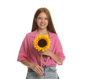Photo of Teenage girl with beautiful sunflower on white background