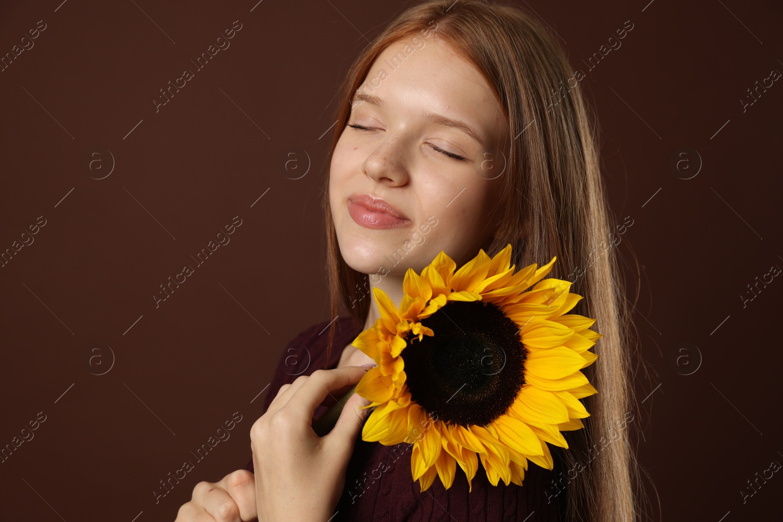Photo of Teenage girl with beautiful sunflower on brown background
