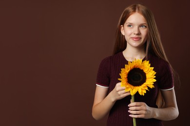 Photo of Teenage girl with beautiful sunflower on brown background, space for text