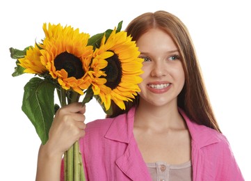 Photo of Teenage girl with bouquet of beautiful sunflowers on white background