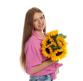 Photo of Teenage girl with bouquet of beautiful sunflowers on white background